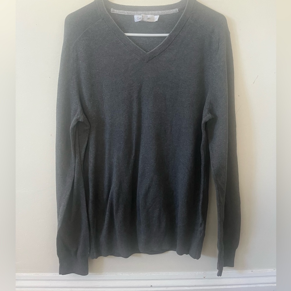 Calvin Klein Dark Gray Classic VNeck Cotton Blend Long Sleeve Sweater